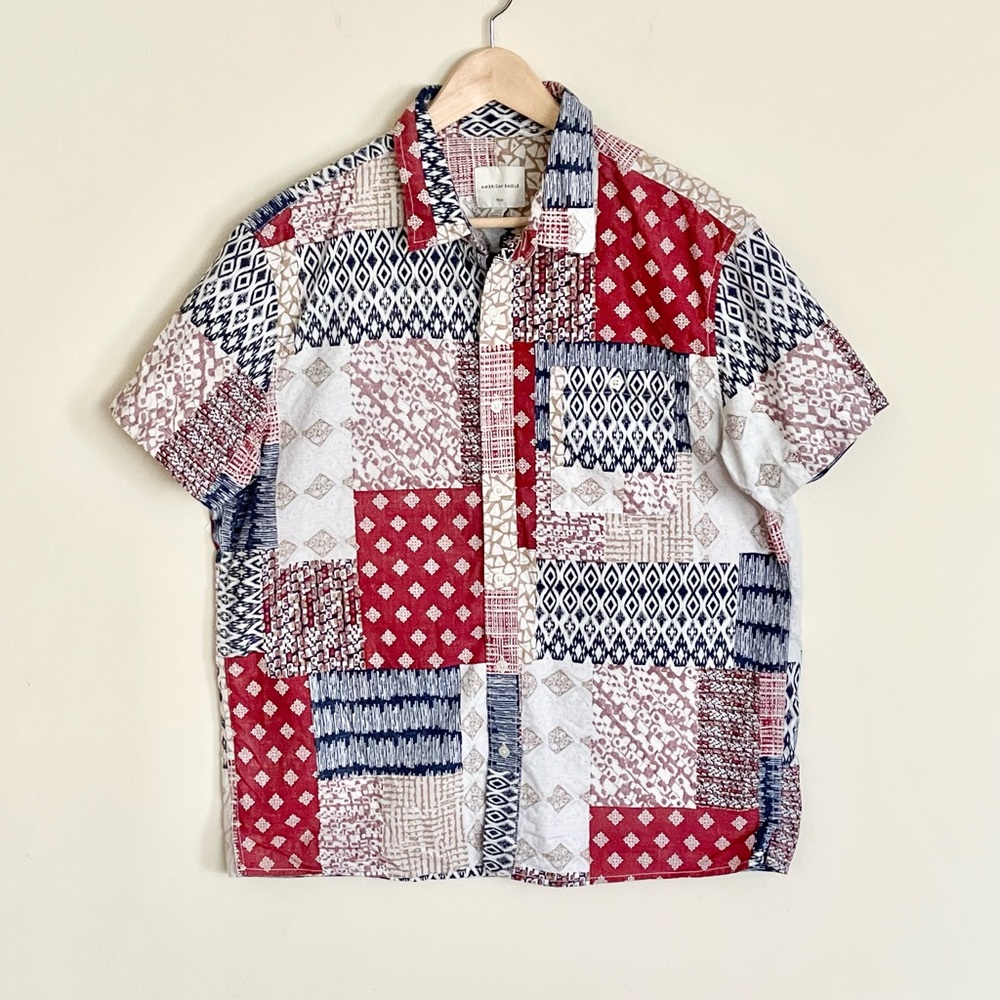 New American Eagle Flex Patchwork Print Short Sle… - image 2